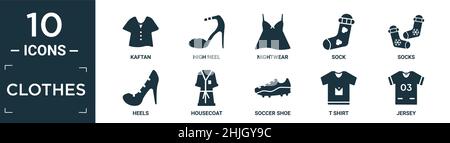 Gefüllte Kleidung Icon-Set. Enthalten flachen Kaftan, hohe Ferse, Nachtwäsche, Socke, Socken, Heels, Housecoat, Fußballschuh, T-Shirt, Trikot-Symbole in bearbeitbarer Form Stock Vektor