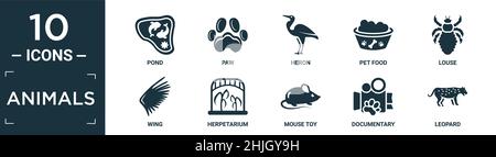 Gefüllte Tiere Icon Set. Enthalten flachen Teich, Pfote, Reiher, Tierfutter, Laus, Flügel, Herpetarium, Mausspielzeug, Dokumentation, Leoparden-Ikonen in editierbarem Format. Stock Vektor