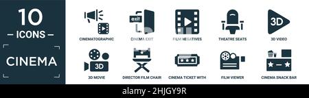 Gefülltes Kino-Icon-Set. Enthalten flache kinematographische Ansager, Kinoausgang, Filmnegative, Theatersitze, 3D Video, 3D Film, Filmregisseur, c Stock Vektor