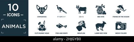 Gefüllte Tiere Icon-Set. Enthalten flache chihuahua, Fasiant, Kühe, Bienenstock, Fische im Meer, niedlichen Hasenkopf, Fisch und Messer, Mufflon, Lamm Seite vi Stock Vektor