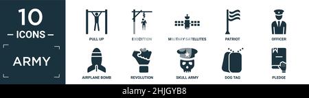 Gefüllte Armee Symbol-Set. Enthalten flache Pull-up, Hinrichtung, militärische Satelliten, Patriot, Offizier, Flugzeugbombe, Revolution, Schädelarmee, Hundemarke, Versprechen i Stock Vektor