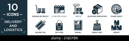 Gefüllte Lieferung und Logistik Icon Set. Enthalten flaches Paket auf Trolley, Lieferplan, Gewicht, delive Box Verifikation, Planet Erde, Lieferung ta Stock Vektor