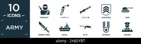 Gefüllte Armee-Symbol-Set. Enthalten flache Terroristen, Dynamit, Schrotflinte, Chevrons, Tank, Kampfmesser, Marine, ak 47, Veteran, Soldaten Symbole in editierbarem Format Stock Vektor