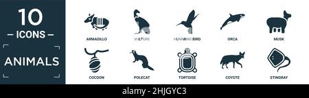 Gefüllte Tiere Icon Set. Enthalten flache Gürteltiere, Geier, summende Vogel, Orca, Moschus, symbole für kokon, Polecat, Schildkröte, Kojote, Stachelrochen in bearbeitbarer Form Stock Vektor