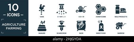 Gefüllte Landwirtschaft Landwirtschaft Symbol-Set. Enthalten flache Flügel, Sprinkler, Mäher, Wabe, Milchprodukte, Symbole für Gülle, Vogelscheuche, Sack, Insektizid, Schubkarren Stock Vektor