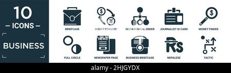Gefüllte Business Icon Set. Enthalten flache Aktentasche, Geld konvertieren, hierarchische Reihenfolge, Journalist id-Karte, Geldfinder, Vollständiger Kreis, Zeitungsseite, BU Stock Vektor