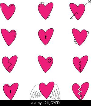 Sticker mit Herz, Doodle-Elemente zum Valentinstag, handgezeichnetes niedliches Herz-Set Stock Vektor