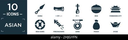 Gefülltes asiatisches Icon-Set. Enthalten flache Kunai, Schriftrollen, Pipa, Reis, verbotene Stadt, mizu gumo, Feuerwerkskörper, gong, Tasche, Sycee-Symbole in bearbeitbarem Format. Stock Vektor