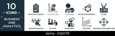 Gefüllte Geschäfts-und Analyse-Symbol-Set. Enthalten flache Balken Chart-Analyse, Gewinnanalyse, Benutzer Statistiken, Einstellung Flow Interface, id-Karte, Sinuswellen ana Stock Vektor