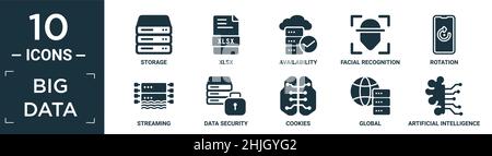 Gefüllter Big-Data-Icon-Satz. Enthalten flachen Speicher, xlsx, Verfügbarkeit, Gesichtserkennung, Rotation, Streaming, Datensicherheit, Cookies, global, artificia Stock Vektor
