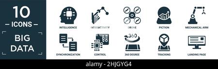 Gefüllter Big-Data-Symbolsatz. Enthalten flache Intelligenz, Interaktivität, Drohne, Bild, mechanischen Arm, Synchronisation, Kontrolle, 360 Grad, Tracking, la Stock Vektor