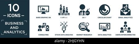 Gefüllte Geschäfts- und Analyse-Icon-Set. Enthalten flache Balken Grafik auf dem Bildschirm, Umsatz, Schulden, Kreisdiagramm, E-Mail-Analyse, Beratung, Bestandsdaten und Stock Vektor