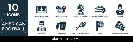 Gefülltes american Football Icon Set. Enthalten flache american Football Field Draufsicht, Schulterpolster, Fußballtrophäe, american Football Stadium, Trainer, r Stock Vektor