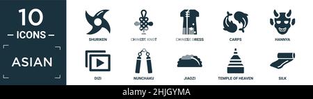 Gefülltes asiatisches Icon-Set. Enthalten flache Shuriken, chinesischen Knoten, chinesisches Kleid, Karpfen, hannya, dizi, Nunchaku, Jiaozi, Tempel des Himmels, Seide Ikonen in bearbeiten Stock Vektor