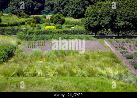 botanischer Garten mit Sträuchern und Bäumen mit Gemüsegarten für den experimentellen Anbau und Anbau von neuen Pflanzen, Draufsicht auf Frühling grün natu Stockfoto