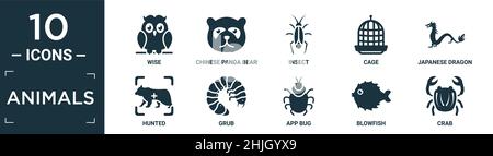 Gefüllte Tiere Icon-Set. Enthalten flach Weise, chinesischen Pandabär, Insekt, Käfig, japanischen Drachen, Gejagt, grub, App Bug, Blowfish, Krabbensymbole in editierbarer Form Stock Vektor