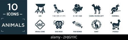 Gefüllte Tiere Icon Set. Enthalten flache Bein, Trapez Künstler, Boxerhead, Kamel nach links, Hornbill, Walzone, Hundekopf, Fischknochen, Jagd, Pudel ico Stock Vektor