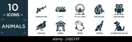 Gefüllte Tiere Icon Set. Enthalten flache japan Koi Fisch, Kaviar, Hamsterball, Käfer auf Blatt, große Augen Eule, Schlucken, Zwinger, betrunken, Kondor, elisabethanische kol Stock Vektor