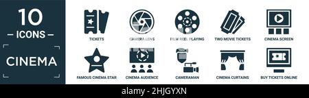 Gefülltes Kino-Icon-Set. Enthalten Flattickets, Kameraobjektiv, Film-Reel-Wiedergabe, zwei Kinokarten, Kinoleinwand, Berühmter Kinostar, Publikum, Kameramann Stock Vektor