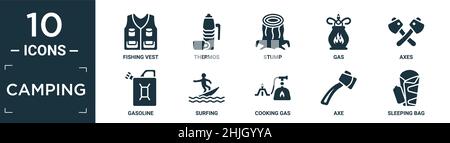 Gefülltes Camping Icon Set. Enthalten flache Angelweste, Thermoskanne, Stumpf, Gas, Äxte, Symbole für Benzin, Surfen, Kochgas, Axt und Schlafsack können für bearbeitet werden Stock Vektor