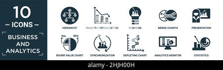 Gefüllte Geschäfts- und Analyse-Icon-Set. Enthalten flache Hierarchie, analytische Visualisierung, Geschäft, Zusammenführen von Diagrammen, Präsentation, Rundes Wertdiagramm, synch Stock Vektor