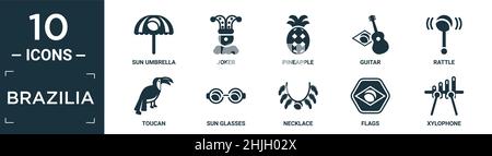 Gefülltes brazilia Icon Set. Enthalten flachen Sonnenschirm, Joker, Ananas, Gitarre, Rassel, toucan, Sonnenbrille, Halskette, Fahnen, Xylophon-Ikonen in editab Stock Vektor