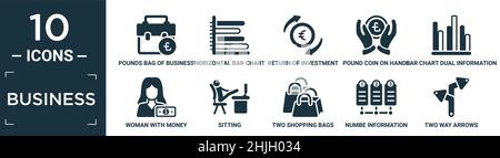 Gefüllte Business-Symbol-Set. Enthalten flache Pfund Beutel von Unternehmen, horizontale Balkendiagramm, Return of Investment, Pfund-Münze auf Händen, Balkendiagramm Dual informa Stock Vektor
