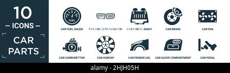 Gefüllte Autoteile Icon-Set. Enthalten flache Auto-Kraftstoffanzeige, Kühlergrill oder Kühlergrill, Car-Paket Regal, Bremse, Lüfter, Vergaser, Radkappe, Kotflügel (USA, Stock Vektor