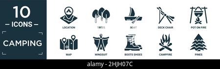Gefülltes Camping Icon Set. Enthalten flache Lage, Bäume, Boot, Liegestuhl, Topf auf Feuer, Karte, Wingsuit, Stiefel Schuhe, Lagerfeuer, Kiefern Symbole in bearbeitbarer fo Stock Vektor