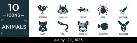 Gefülltes Tier-Icon-Set. Enthält Flach-Sperling, Waschbär, Zander, Milbe, Silberfisch, lama-, Aal-, Bulldog-, Kugelfisch-, Känguru-Symbole in bearbeitbarem Format. Stock Vektor