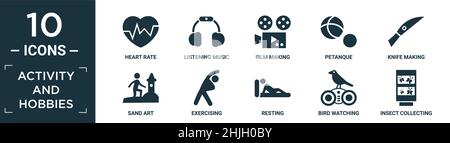 Gefüllte Aktivitäten und Hobbys Icon Set. Enthalten flache Herzfrequenz, Musik hören, Film machen, Petanque, Messer machen, Sandkunst, Sport treiben, ausruhen, bi Stock Vektor