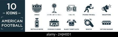 Gefülltes american Football Icon Set. Enthalten flachen Schild, american Football Mark, Ergebnisse, Kommissionierung der Ball, Megaphon, Flasche Wasser, Stadionzylinder Stock Vektor