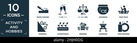 Gefüllte Aktivitäten und Hobbys Icon Set. Enthalten flache Holzschnitzerei, hängen, balancieren, Aquarium, Bootsrennen, Abfahrt, Hydrokultur, Brauen, Grillen, d Stock Vektor