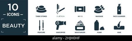 Gefülltes Beauty Icon Set. Enthalten flache drei Steine, flaches Eisen, Wischtücher, Massage, Gesichtsreiniger, Pediküre, Haartrockner, Feuchtigkeitscreme, Schaum, Haar-Symbole in ed Stock Vektor