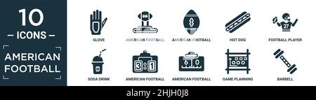 Gefülltes american Football Icon Set. Enthalten flachen Handschuh, american Football T-Shirt, american Football Ball, Hot Dog, Fußballspieler, Limonade, amerikanische Küche Stock Vektor