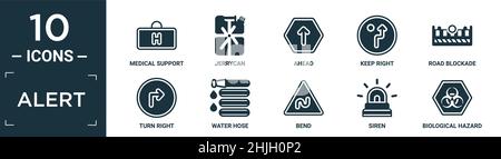 Gefüllte Alarm-Symbol-Set. Enthalten flache medizinische Unterstützung, jerrycan, vor, halten Sie sich rechts, Straßenblockade, Biegen Sie rechts, Wasserschlauch, biegen, Sirene, biologische gefahr Stock Vektor