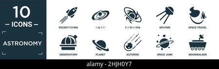 Gefülltes Astronomie-Icon-Set. Enthalten flache Raketenflug, Galaxie, Supernova, sputnik, Raumfahrt, observatorium, Planet, Astroid, Weltraumschrott, Mondwanderer Stock Vektor