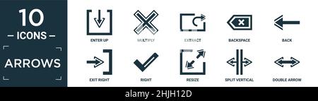 Gefüllte Pfeile Symbolsatz. Enthalten flache Eingabe nach oben, multiplizieren, extrahieren, Rücktaste, zurück, Beenden Sie rechts, rechts, ändern Sie die Größe, teilen Sie vertikal, Doppelpfeilsymbole in ed Stock Vektor