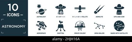 Gefülltes Astronomie-Icon-Set. Enthalten flache Astrologie, Entführung, geneigter Satellit, Aerolith, ufo und Kuh, luft- und raumfahrt, Dioptra, Weltraumkolonie, ursa Major, Stock Vektor