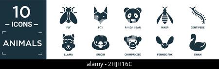 Gefüllte Tiere Icon Set. Enthalten flache Fliege, Fuchs, Pandabär, Wespe, Tausendfüßler, Lama, Snigir, Schimpansen, Fennec Fuchs, Schwan Symbole in editierbarem Format. Stock Vektor