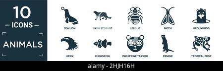 Gefüllte Tiere Icon Set. Enthalten flachen Seelöwen, Schneeleopard, Bettwanzen, Motte, Murmeltier, hawk, Clownfische, philippinische Tarsier, Ermine, tropisches Frop-Symbol Stock Vektor