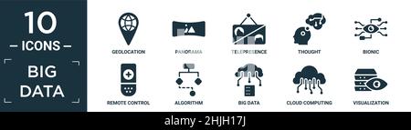 Gefüllte Big-Data-Icon-Sets. Enthalten flache Geolocation, Panorama, Telepräsenz, Gedanken, Bionik, Fernsteuerung, Algorithmus, Big Data, Cloud-Computing, vis Stock Vektor