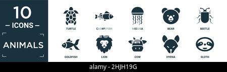 Gefüllte Tiere Icon Set. Enthalten flache Schildkröte, Clownfische, medusa, Bär, Käfer, Symbole für Goldfische, Löwen, Kühe, Hyänen, Faultiere in bearbeitbarem Format. Stock Vektor