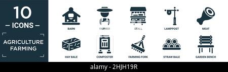 Gefüllte Landwirtschaft Landwirtschaft Symbol-Set. Enthalten flache Scheune, Landwirt, Stall, Laternenpfosten, Fleisch, Heuballen, Komposter, Ackergabel, Strohballen, Gartenbank ico Stock Vektor