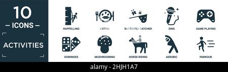 Gefüllte Aktivitäten Icon-Set. Enthalten flache Abseilen, Essen, Schmetterlingsfänger, singen, Spiel spielen, Dominosteine, Pilze sammeln, Reiten, Aerobic, Park Stock Vektor