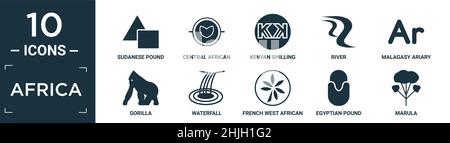 Gefülltes afrika Icon Set. Enthalten flache sudanesische Pfund, zentralafrikanischen Franc, kenianischen Schilling, Fluss, madagassischen ariary, gorilla, Wasserfall, französischer Westen A Stock Vektor