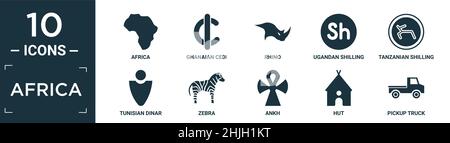 Gefülltes afrika-Icon-Set. Enthält flaches afrika, ghanaische Cedi, Nashorn, ugandischen Schilling, tansanischen Schilling, tunesischer Dinar, Zebra, ankh, Hütte, Pickup Truc Stock Vektor
