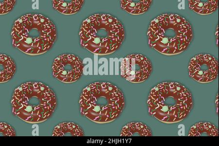 Appetitliches Donut-Muster mit Schokoladenglasur, überzogen mit bunten Streuseln. 3D Rendern. Gute Karte. Candy-Shop-Konzept. Stockfoto