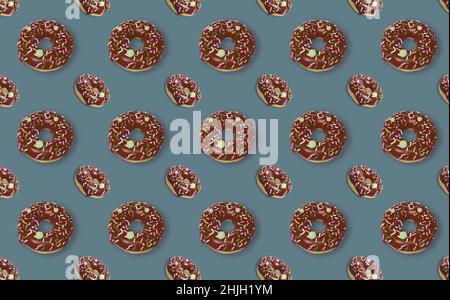 Appetitliches Donut-Muster mit Schokoladenglasur, überzogen mit bunten Streuseln. 3D Rendern. Gute Karte. Candy-Shop-Konzept. Stockfoto