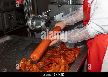 Fabrik für die Herstellung von Würsten mit unkenntlichen Arbeiter im Hintergrund. Produktionslinie von Würsten. Industrielle Produktion von Würsten.Fleisch p Stockfoto